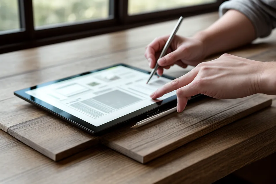 Nahaufnahme eines Tablets mit einem Online-Kurs neben sortierten Buchhaltungsbelegen auf einer Holzwerkbank.