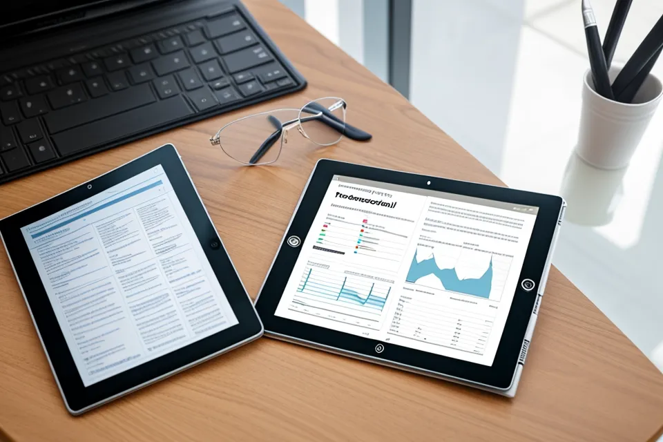 Tablet zeigt einen Online-Steuerkurs für Freiberufler neben einem Notizbuch.