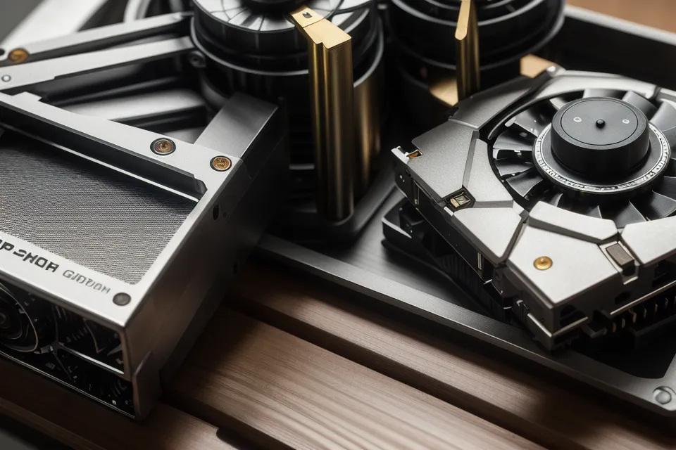 Nahaufnahme von Quittungen und Computer-Hardware auf einer hölzernen Werkbank.