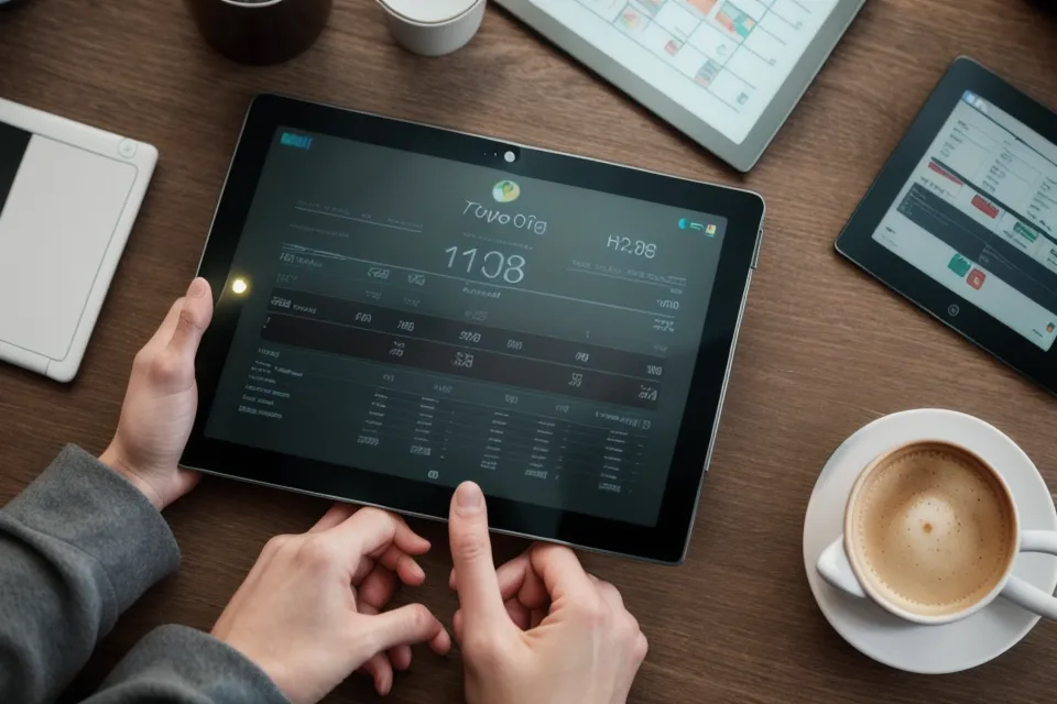 Ein Tablet zeigt ein Modul eines Steuerkurses neben Skizzen auf einem Arbeitstisch.
