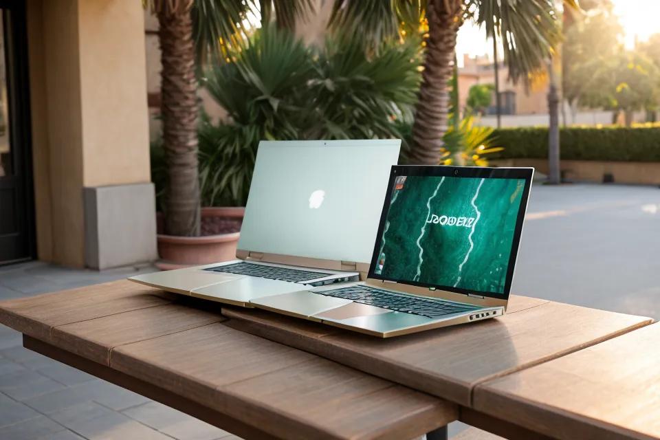 Laptop auf einem Café-Tisch im Freien mit einer erfolgreichen Elster-Übermittlungsbestätigung.