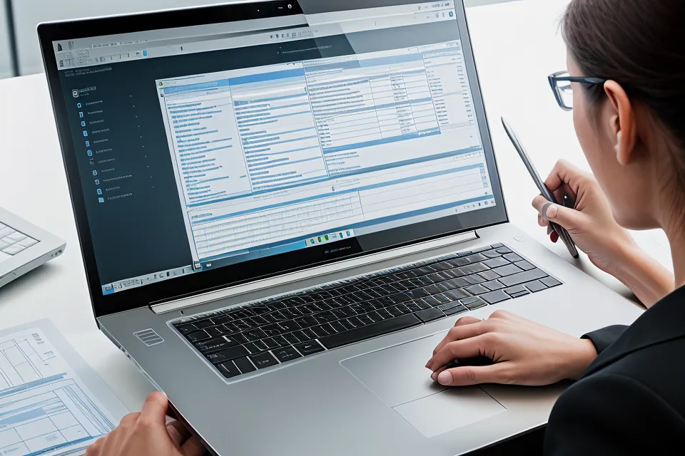 Nahaufnahme eines Laptops mit Steuersoftware und technischen Zeichnungen auf einer hölzernen Werkbank.
