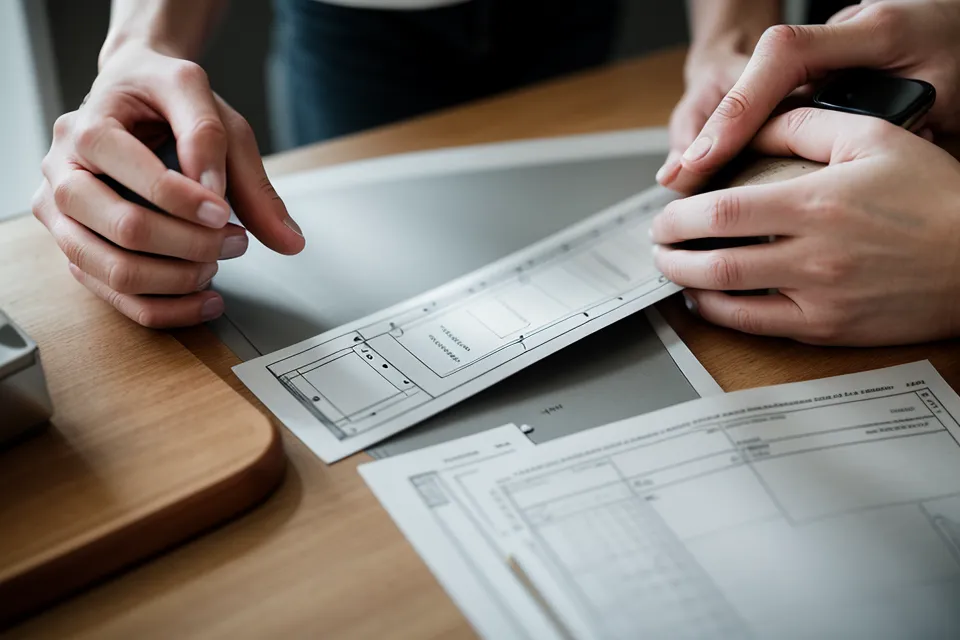 Nahaufnahme: Designer scannt einen Beleg mit dem Smartphone auf einer hölzernen Werkbank.