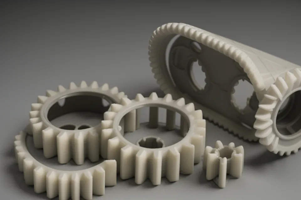 3D-Druck-Zahnrad liegt auf einem Steuerordner vor einem Monitor mit Buchhaltungstabelle.