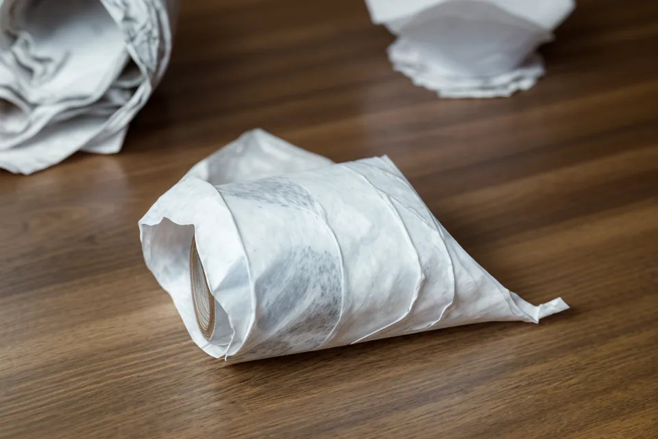Nahaufnahme von Thermopapier-Belegen und einem Metalllineal auf einer Eichenholzplatte.