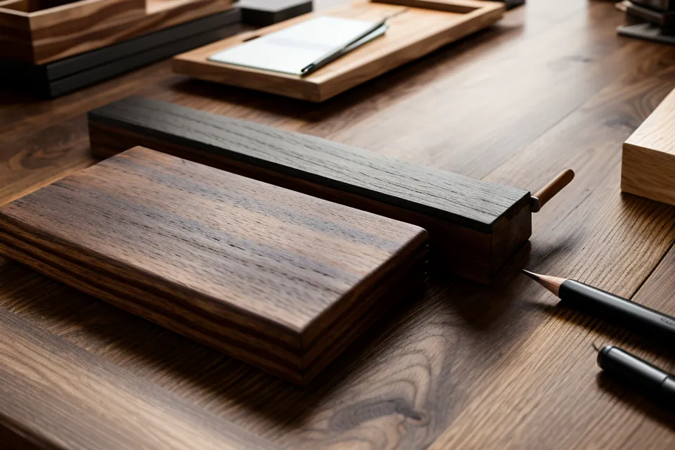 Nahaufnahme von Buchhaltungsunterlagen und einem Laptop auf einer hölzernen Werkbank.