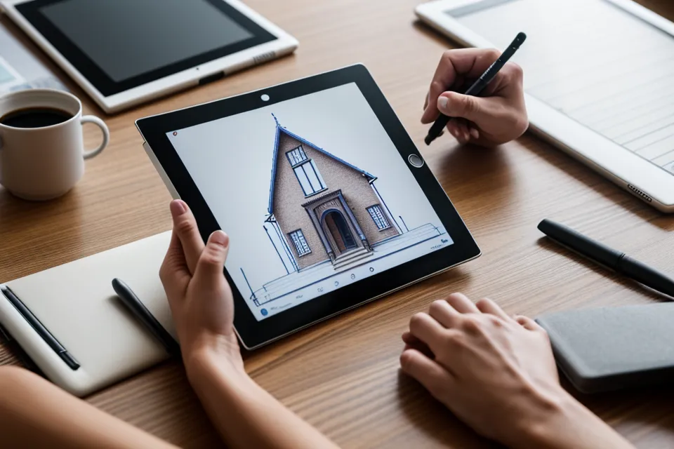 Tablet mit einem Online-Steuerkurs neben einem Skizzenbuch auf einer Hobelbank.