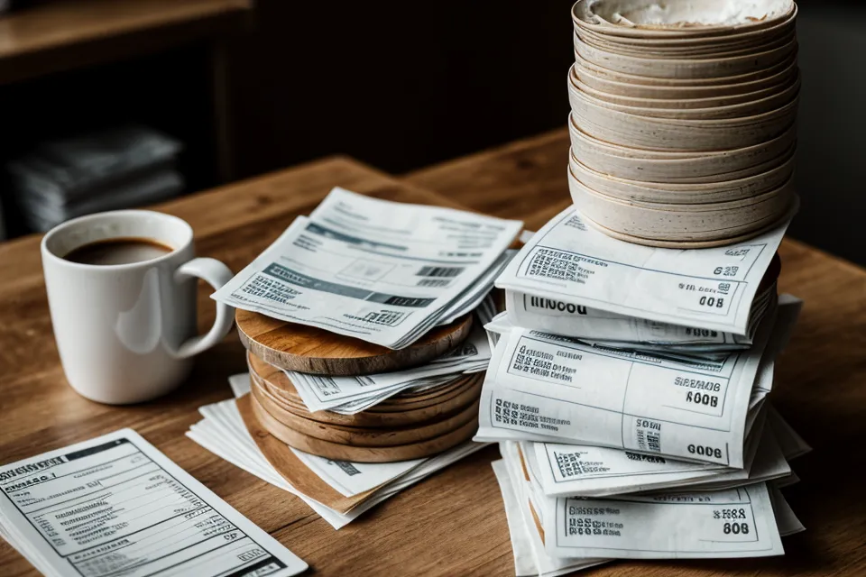 Ein Stapel Buchhaltungsbelege und Quittungen auf einem Holztisch neben einer Kaffeetasse.