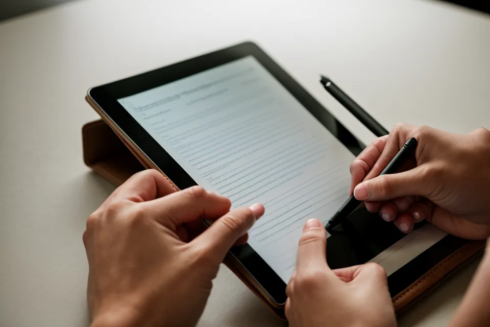 Digitale Belegorganisation auf einem Tablet am Arbeitsplatz eines Freiberuflers.