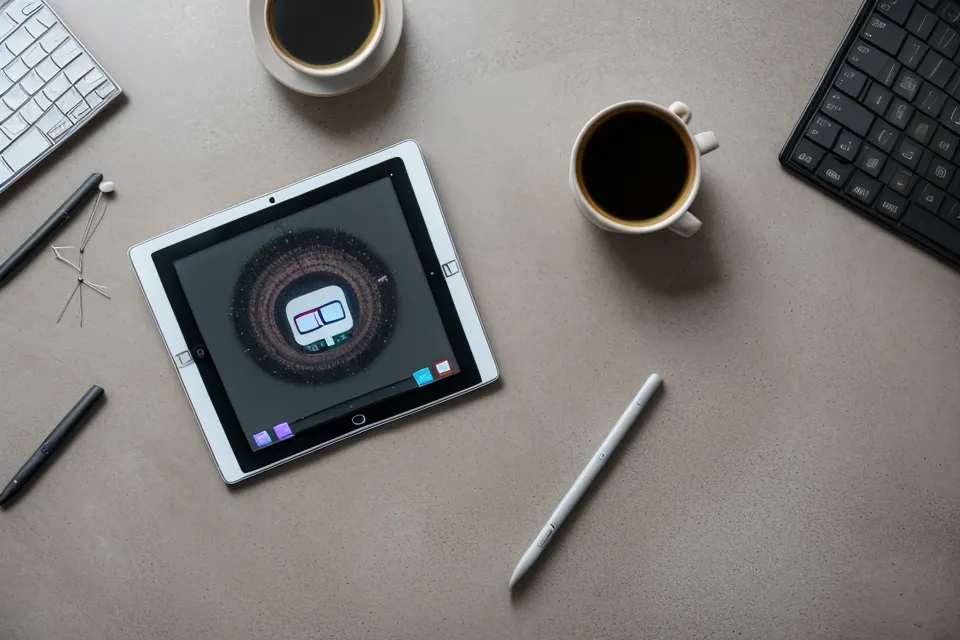 Tablet mit einem Online-Steuerkurs neben einer Kaffeetasse und einem Skizzenbuch bei Abendlicht.