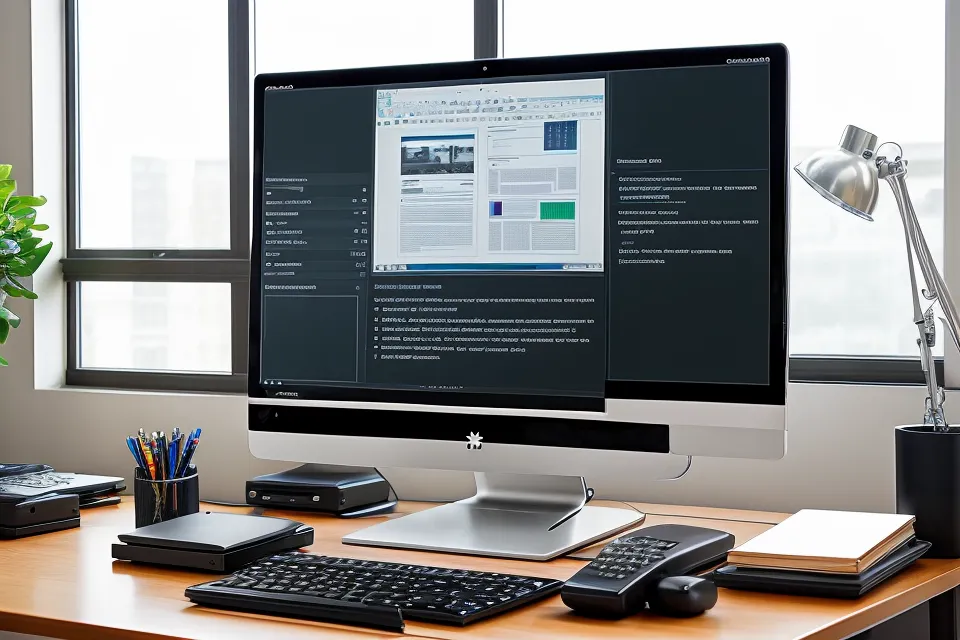 Monitor mit einem Online-Steuerkurs für Selbstständige und ein Skizzenbuch