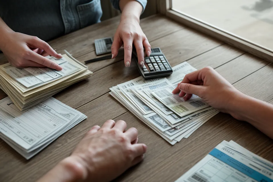 Hände sortieren Belege und Rechnungen auf einer Werkbank aus Holz.