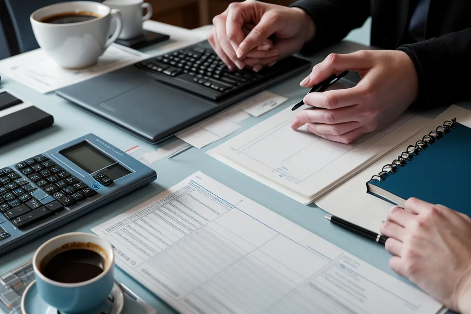 Close-up of tax planning notes and a coffee cup on a designer's desk