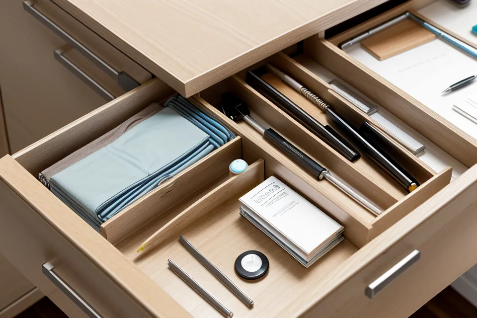 Organized office supplies and receipts in a desk drawer