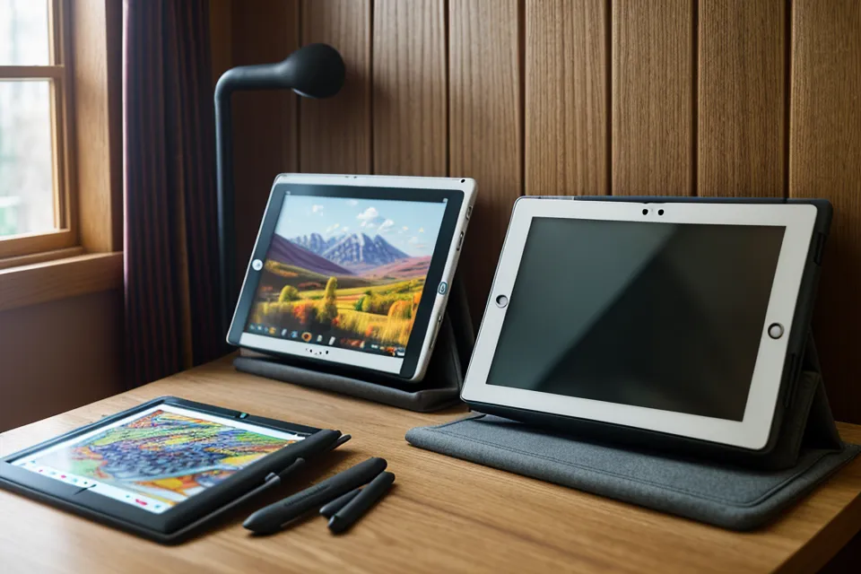 Tablet mit einem Online-Steuerkurs neben einem Skizzenbuch auf einer Hobelbank.