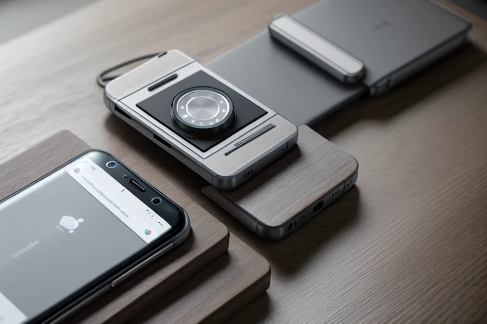 Online-Steuerkurs auf einem Smartphone neben Design-Werkzeugen in einer Werkstatt