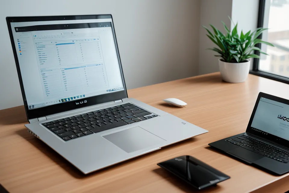 Detailansicht eines Laptops mit Buchhaltungssoftware und Designer-Utensilien.